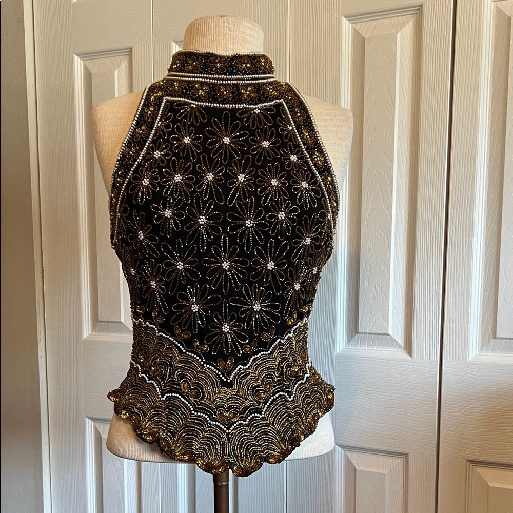 Papell Boutique Silk Embellished Black Sleeveless Halter Neck Top Size Large - Picture 2 of 16